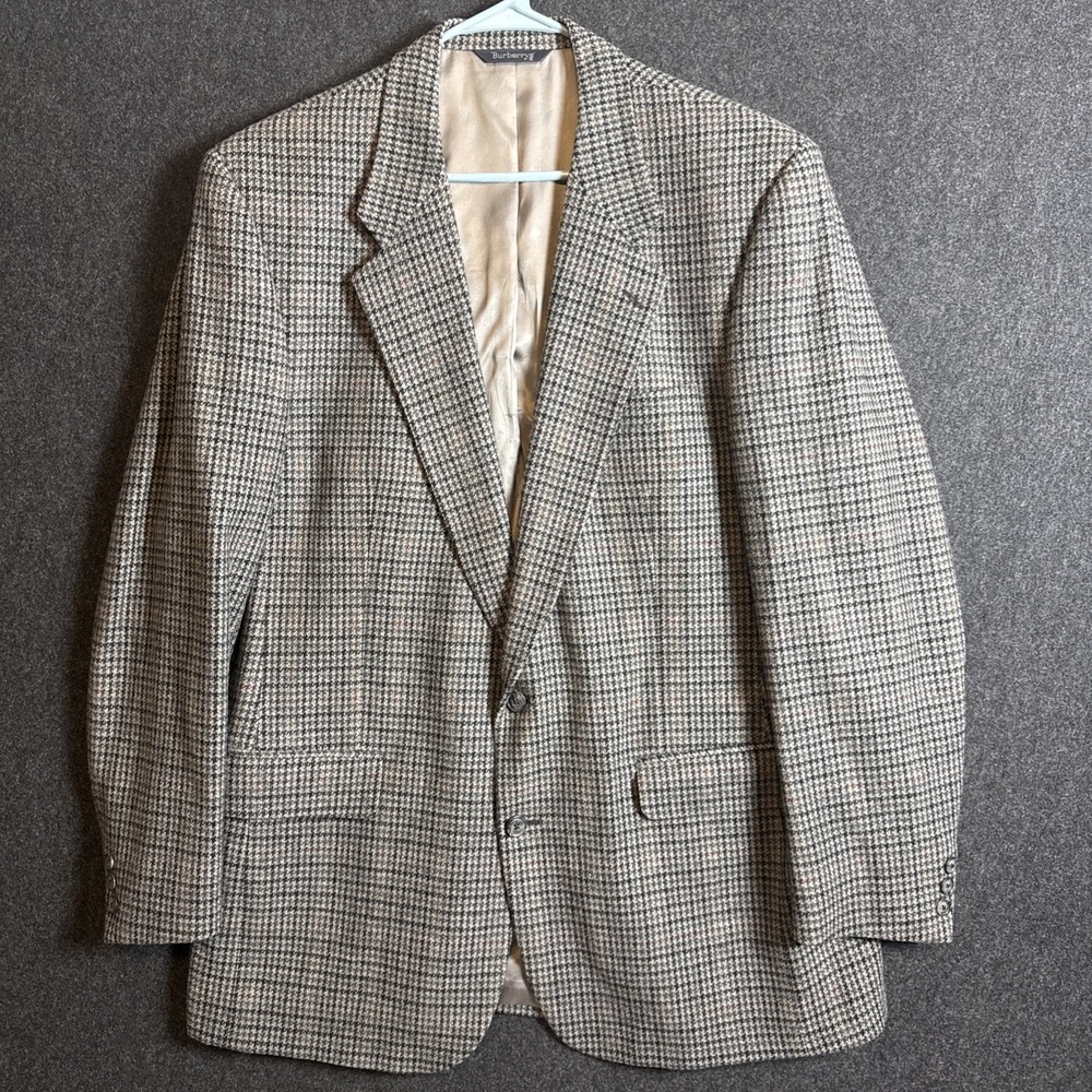 Burberry Mens Vintage 100% Pure Wool Houndstooth Blazer Sport Coat Brown 42R